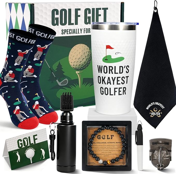 ANOTION Golf Gifts for Men, Gifts for Golfers Golf Accessories for Dad Husband Boyfriend Teen, Golfer Gift Box 20oz Tumbler Club Cleaner Socks Ball Marker Bracelet for Birthday Christmas Father Day