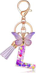 JINGUAZI Initial letter Keychains for Women Tassel Butterfly Pink Purple Cute Car Keychain for Wallet Backpack bag charm
