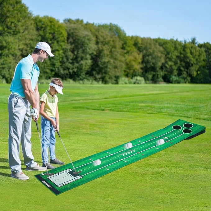 New Portable Golf Putting Mat, Mini Golf - Putting Green Indoor + Putting Green Outdoor - Putting Mat with 3 Balls + Retractable Push Rod (Youth) - Putting Matt for Indoors, Golf Gifts for Men Kids