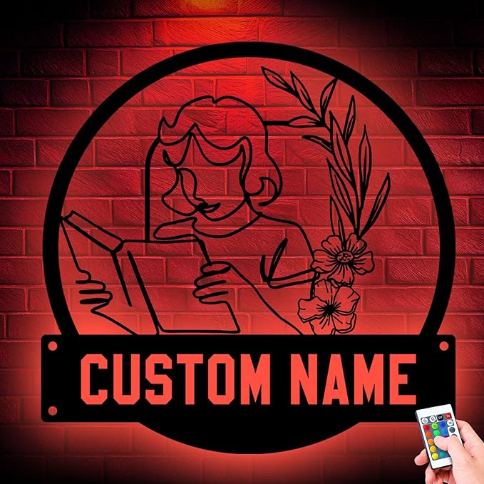 Custom Floral Women Reading a Book Metal Sign, Unique LED Home Decor Wall Art, Personalized Gift for Book Lovers, Elegant Hanging Decoration for Library, Living Room, or Bedroom