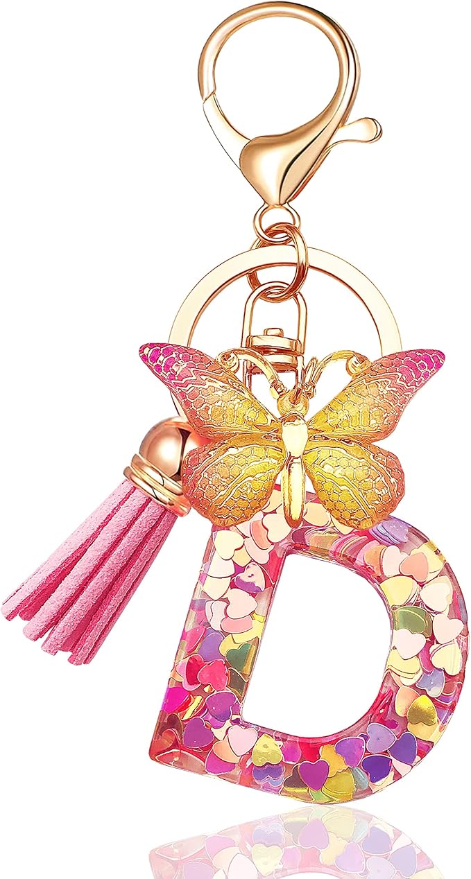 JINGUAZI Initial letter Keychains for Women Tassel Butterfly Pink Purple Cute Car Keychain for Wallet Backpack bag charm