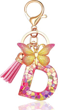 JINGUAZI Initial letter Keychains for Women Tassel Butterfly Pink Purple Cute Car Keychain for Wallet Backpack bag charm