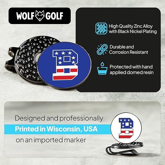 Wolf Golf Towels Golf Ball Marker Hat Clip | USA Monogram | 1 Magnetic Clip + 3 Ball Markers | Patriotic Golf Accessories for Men & Women