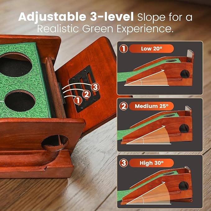 Putting Green Indoor with Three-Level Adjustable Incline, Auto Ball Return - Easy to Fold Solid Wood Base, Golf Training Aid for Home, Office, Backyard - Golf Putting Mat for Men