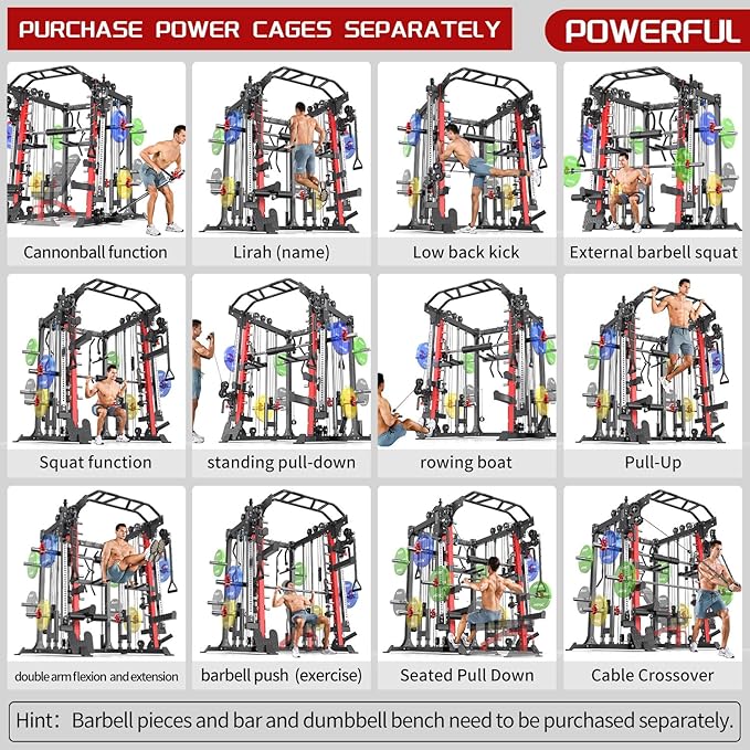 Smith Machine，Multi-Function Squat Rack Power Cage with Cable Crossover System,with Optional Weight Bench, Olympic Barbell Weight Set, for Home Gym