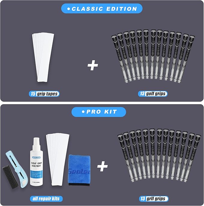 Geoleap Golf Grips Set of 13- Grips with Tapes and with All Repair Kits for Choice,Hybrid Golf Club Grips,Standard/Midsize,All Weather Contral, High Feedback & Traction.
