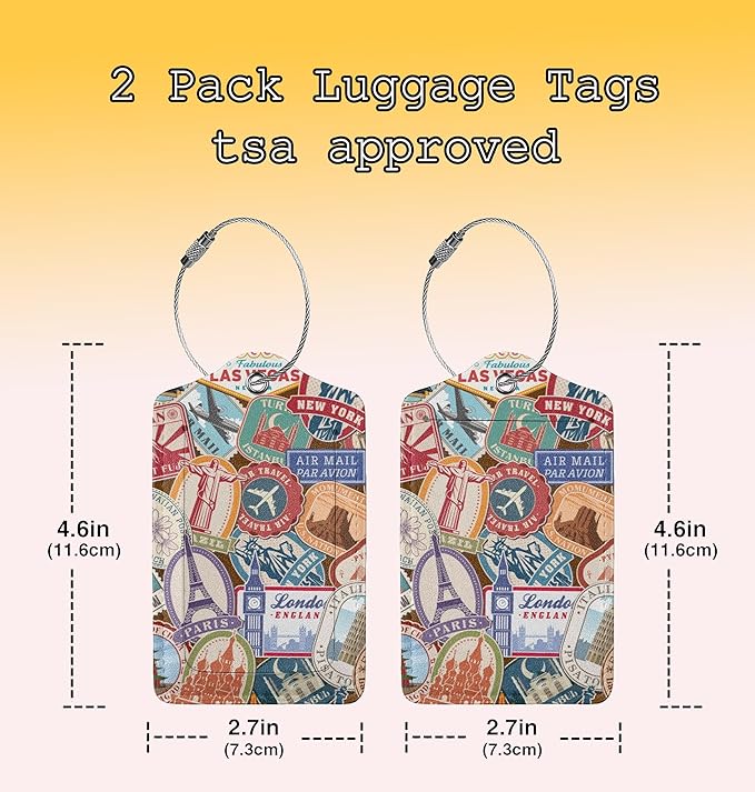 2 Pack Luggage Tags for Suitcases Travel Stamp Luggage Tag Leather Stainless Steel Loop Label Tag for Women Girl Travel Bag Suitcase