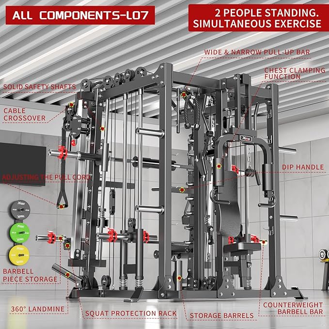 Smith Machine，Multi-Function Squat Rack Power Cage with Cable Crossover System,with Optional Weight Bench, Olympic Barbell Weight Set, for Home Gym