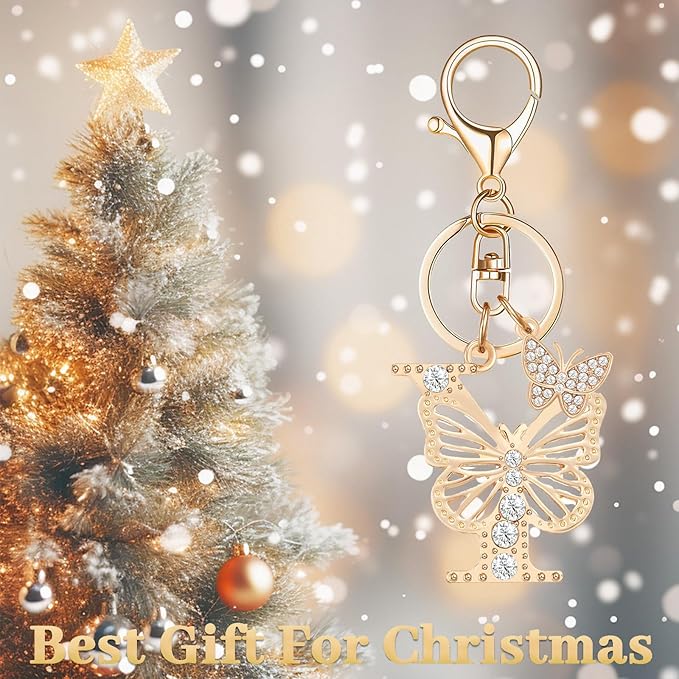 Gold Plated Alphabet Initial Letter Keyring Keychain for Women Girls Crystal Key Chains for Wallet Backpack Bag Charm