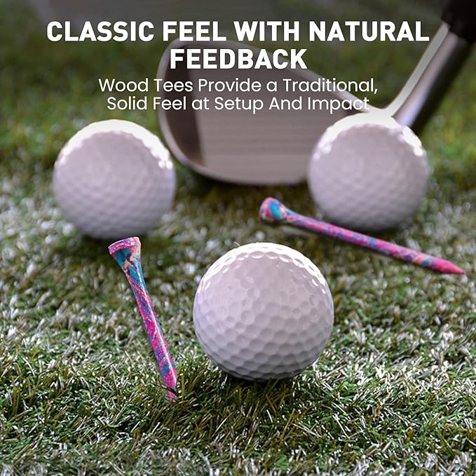 FINGER TEN Golf Tees Stylish Bamboo Wooden Coloured Painted Value 100 Pack, Durable 3 1/4 2 3/4 1 1/2 Inch Long Short Tee, Cool Style Purple Pink Green Enhanced Visibility for Men Women
