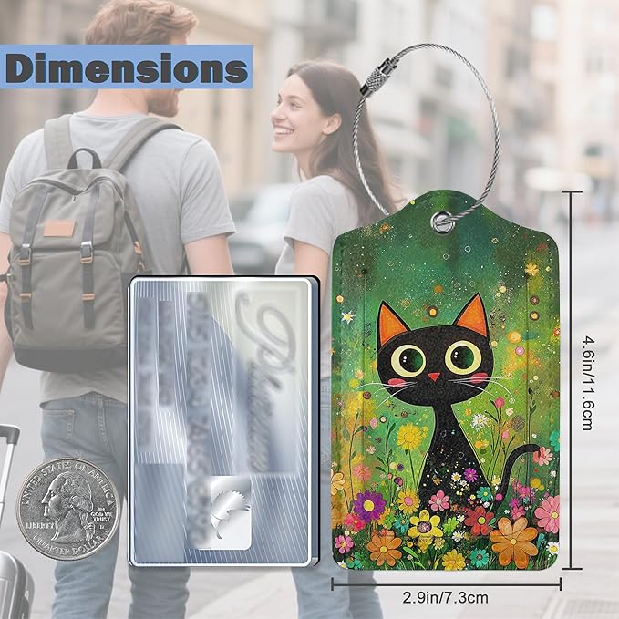 3 Pack Luggage Tag for Suitcase Leather Travel Cruise Luggage Tag with Stainless Steel Loop Name ID Label Privacy Cover for Adults Teens Travel Bag Labels Set (Black Cat Flower)
