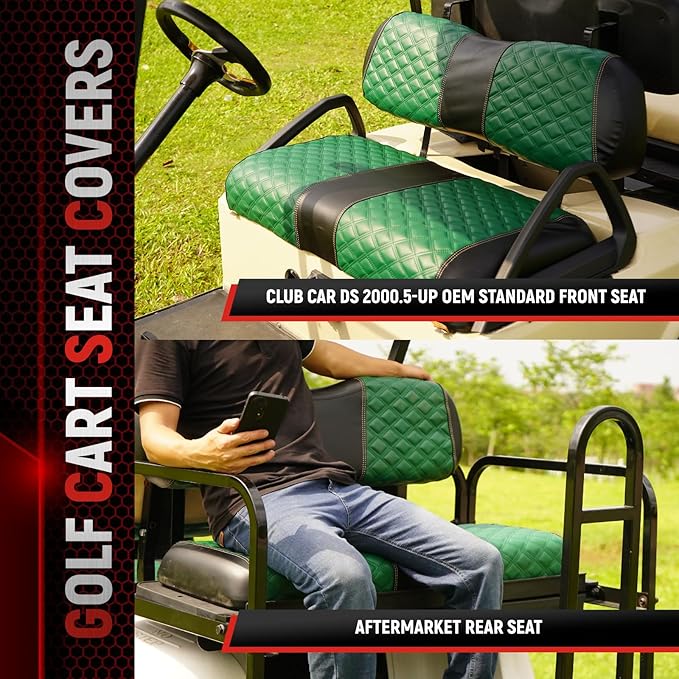 Golf Cart Seat Covers Front and Rear Waterproof and Sun Resistant Marine Grade Vinyl Leather Seat Cover Accessories for Club Car DS 2000.5-up, Green(4PCS)