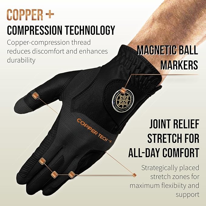 Copper Tech Golf Gloves Men Right Handed Golfer or Left Handed Golfer (2nd Gen) | Copper Compression Joint Support Golf Glove