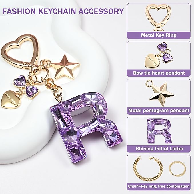 Cute Bling Keychain initial Letter Butterfly Star Pink Purple Gift for Women Girls Bag Cup Charms Accessories