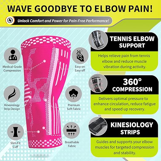 BLITZU Elbow Compression Sleeve for Tendonitis 2 Pack, Tennis Elbow Brace Support for Men and Women Golfers Elbow Pain Relief, Arthritis, Bursitis, Arm Brace for Workout, Weightlifting Pink M