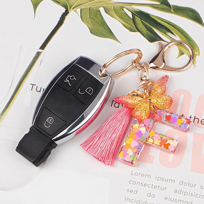 Suweibuke Colourful Cute Initial Letter Keychains for Women Girls with Tassel Butterfly, Charm for Purse Handbags Backpacks