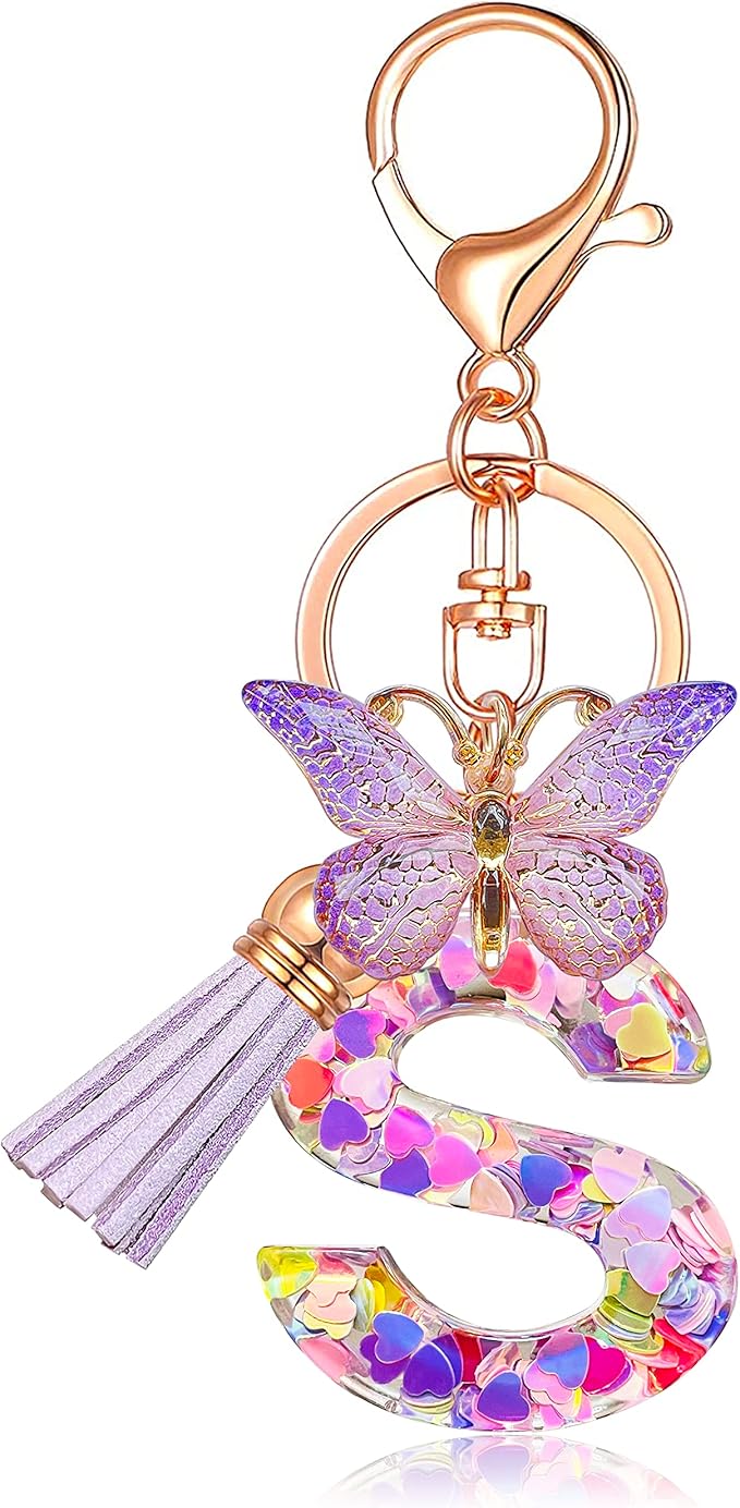 JINGUAZI Initial letter Keychains for Women Tassel Butterfly Pink Purple Cute Car Keychain for Wallet Backpack bag charm