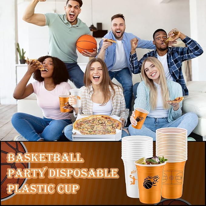 Norme 48 Pcs Basketball Party Supplies - 16 oz Thick Plastic Disposable Cup for Hot/Cold Drinks, Wine, Coffee - Themed Holiday Party Supplies & Favors