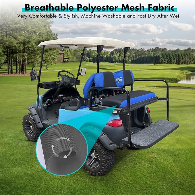 10L0L Golf Cart Front and Rear Seat Cover Set for Club Car Precedent/Onward/Tempo & Yamaha G29 Drive/Drive 2,Stylish 4 Passenger Front Back Seat Covers,Breathable Washable Polyester Mesh (Black/Blue)
