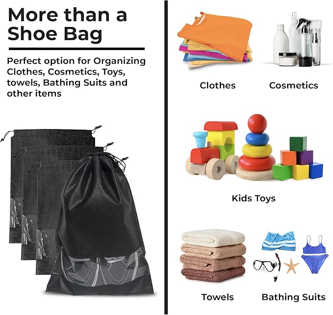 Travel Shoe Bag for Packing in Suitcase, Organizing & Storage (12 Pack) - Reusable Dustproof & Water Resistant Pouch Protectors for Accessories, Laundry & Toys with Clear Window & Drawstrings. (Black)