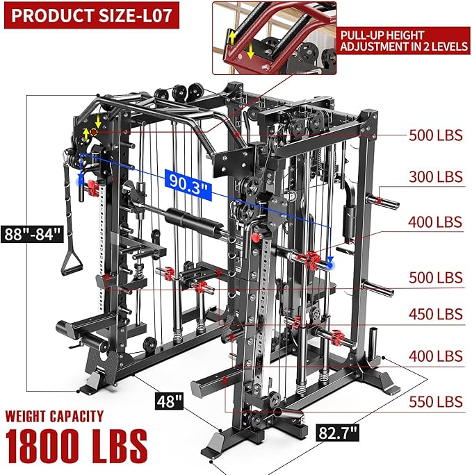 Smith Machine，Multi-Function Squat Rack Power Cage with Cable Crossover System,with Optional Weight Bench, Olympic Barbell Weight Set, for Home Gym