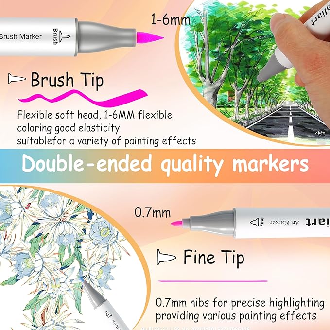 Caliart 61 Colors Pastel Alcohol Brush Markers, Drawing Markers Set Dual Tip Brush & Fine Permanent Alcohol Based Colored Art Pens, with Case for Artists Adults Coloring Book