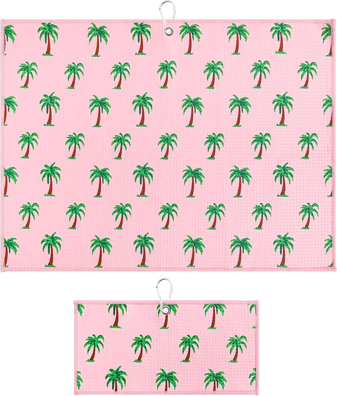 Microfiber Golf Towels for Golf Bags & Carts - Premium Weave Waffle & Ball Towels with Carabiner Clip, Essential Accessories for Men, Women, and Kids, Golfer Gifts, Set of 2 (Palm Trees)