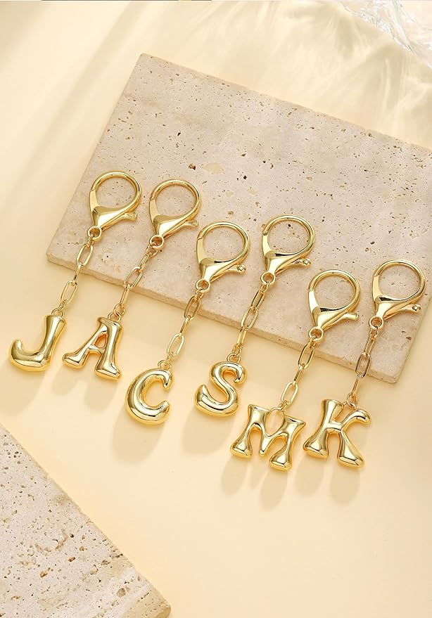 Gold Bubble Initial Keychain Charm for Women Chunky Bag Purse Charms A-Z Letter Key Chains for Handbag Accessories