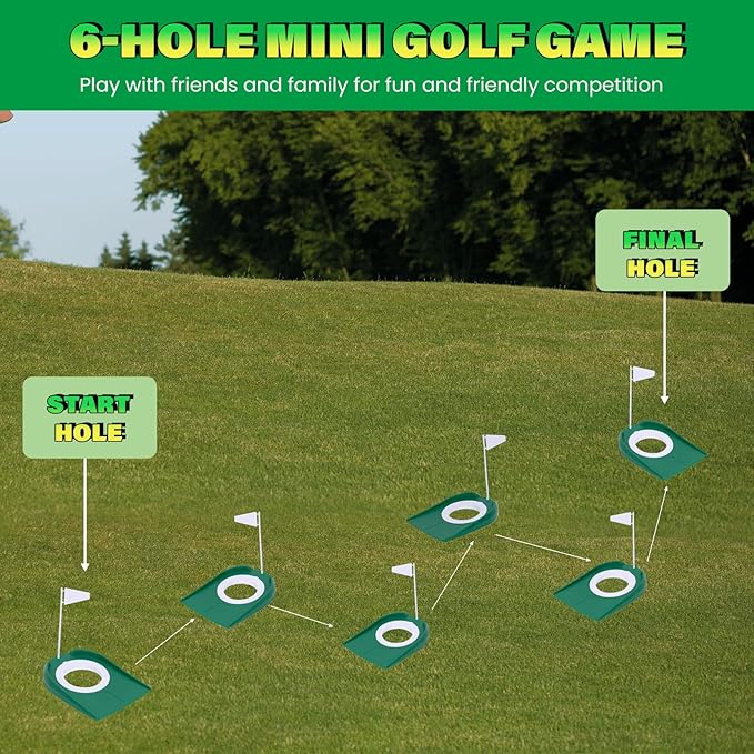 Mini Putting Golf Practice Set–Adjustable Putters, 6Flagged Holes, 12Practice Balls, Extendable Ball Retriever&Portable Storage Bags for Indoor and Outdoor Play