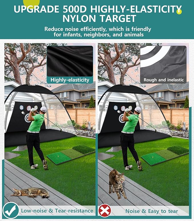 Golf Net: 10x7FT Golf Practice Net for Backyard Driving, Hitting Net with Tri-Turf Mat, Indoor Training Chipping Aid Nets with Reduce Noise Nylon Target, Gifts for Men/Dad/Him