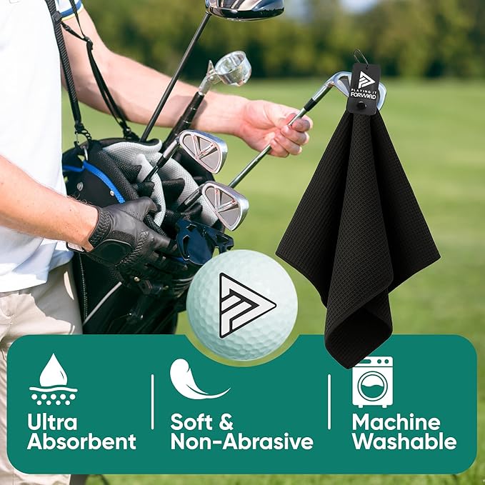 Magnetic Golf Towels for Golf Bags with Clip & Ultra Strong Magnet - Waffle Weave Microfiber Towel for Secure Hold on Bags & Carts - Ideal Club Cleaner & Accessories - Black