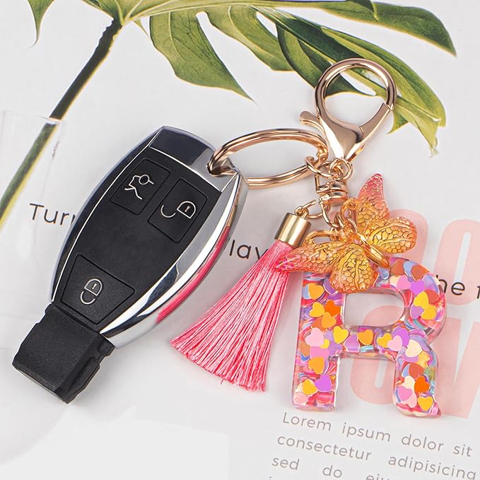 Suweibuke Colourful Cute Initial Letter Keychains for Women Girls with Tassel Butterfly, Charm for Purse Handbags Backpacks