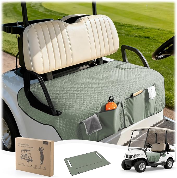 Golf Cart Seat Covers,Golf Cart Seat Towel Blanket with 4 Front Pockets & Nonskid Bottom Fits for EZGO, Yamaha, Club Car and More 2 Person Seats Golf Carts (Silver Green, Yamaha)