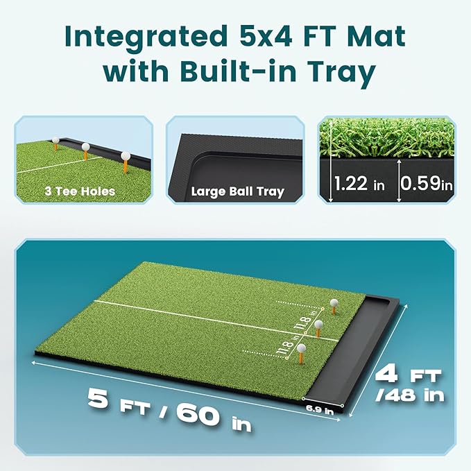 Golf Hitting Mat with Ball Tray, 5x4 / 6x4 ft, 26mm / 31mm Thick, Pro & Elite Turf with Swing Path Line, Premium Golf Practice Mat for Indoor & Outdoor Swing, Chipping, Training
