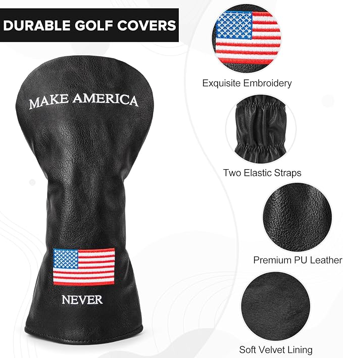 Golf Headcovers Golf Club Head Covers MAGA Style Elegant Embroidery Premium Leather Driver Fairway(FW) Wood Hybrid(UT) with Number Tags, 3 Wood Headcover Set