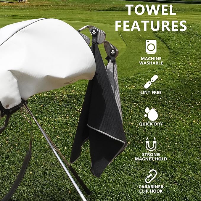 4Monster Golf Towels 3-Pack with Detachable Magnet and Portable Pouch, Quick-Dry Microfiber Golf Towel Set for Golf Bags,Custom Towel Gifts for Men or Women (3, Black)