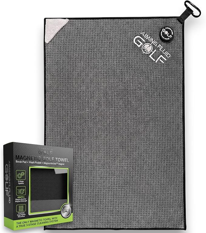 Magnetic 3-Stage Cleaning System Golf Towel - Microfiber Rag with Magnet for Golfcart Bags for Men and Women Golfers Accessories (Gunmetal Grey, 16" x 24" Stubby)