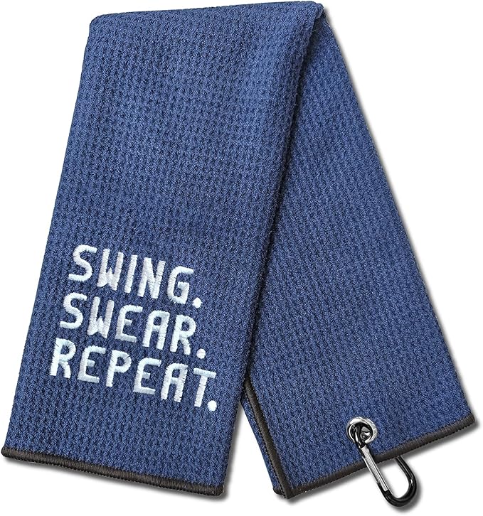 DYJYBMY Swing Swear Repeat Funny Blue Golf Towel, Embroidered Navy Bags Clip, Men, Birthday Golf Fan Gift