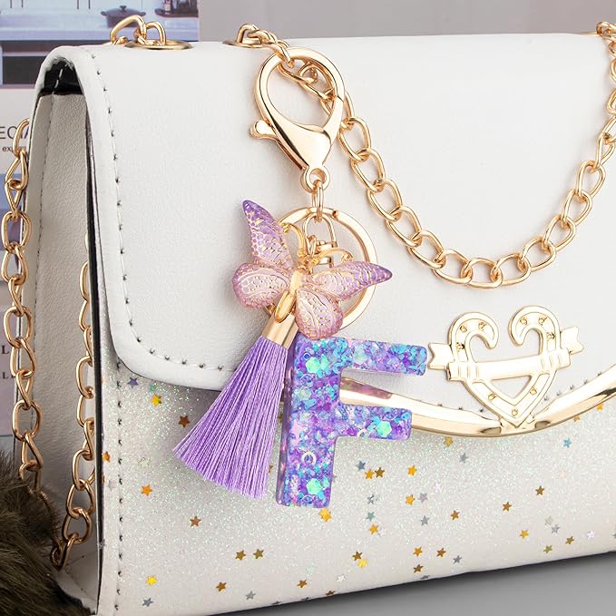 Suweibuke Colourful Cute Initial Letter Keychains for Women Girls with Tassel Butterfly, Charm for Purse Handbags Backpacks