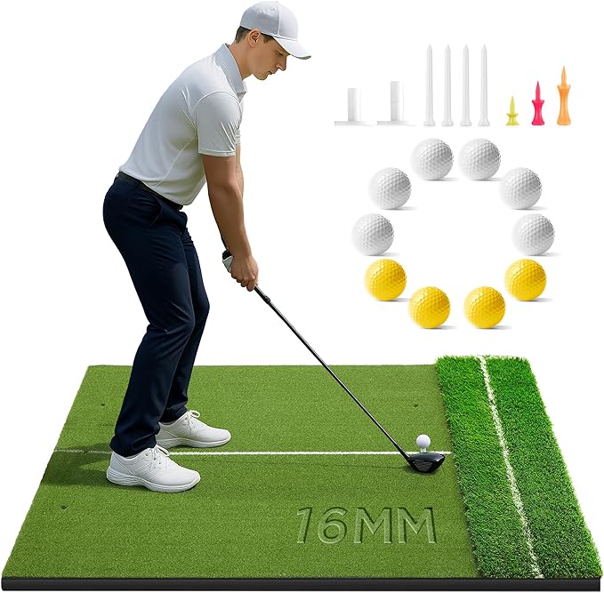 Golfguru Golf Mat 5x4ft-16mm/21mm/26mm Thickened Dual Turf Golf Hitting Mat with Alignment Aid, Dense Elite Mats Practice Outdoor Indoor, Chipping Training Matt for Backyard Garage Driving Simulators