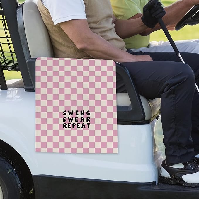 Pink Checkered Golf Towel - Trenndy Modern Sports Club Golf Bag Accessories Towel, Pink Disc Weave Waffle & Ball Towels with Carabiner Clip Gifts for Golfer Women Girls Kids, 16"x24"