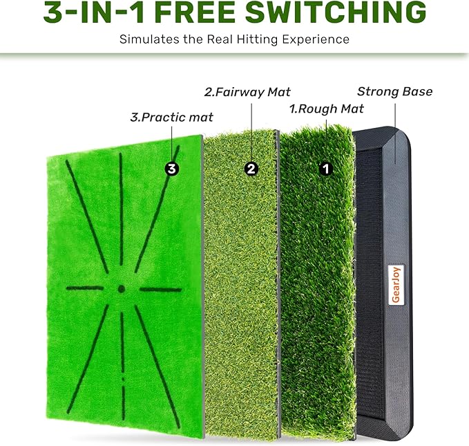 Golf Hitting Mat with Instant Swing Path Feedback & 3 Replaceable Golf Practice Mats Non-Slip Heavy-Duty Rubber Base for Indoor/Outdoor Driving Chipping & Putting Accuracy Training
