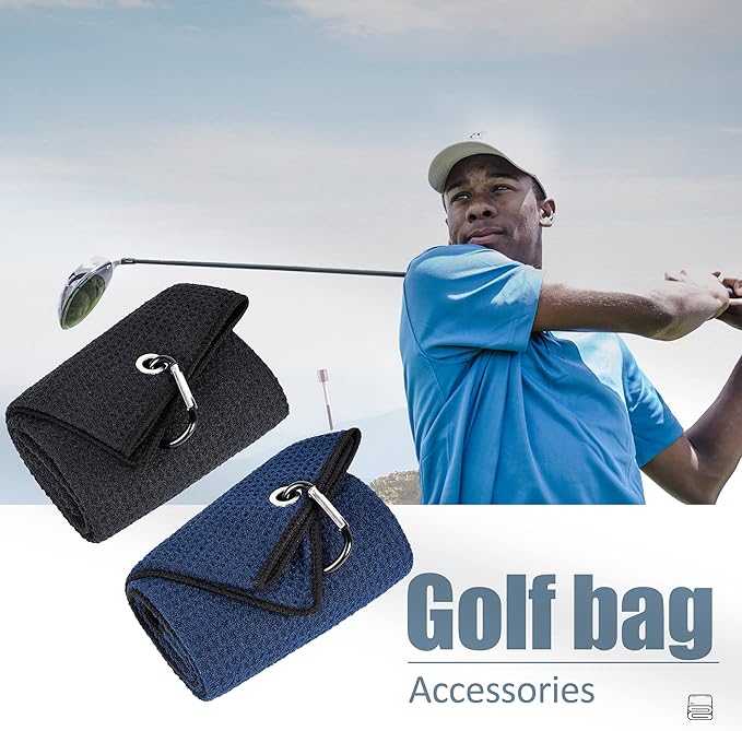 Mile High Life Tri-fold Golf Towel | 16" X 24" | Premium Microfiber Fabric | Waffle Pattern | with Heavy Duty Carabiner Clip | for Men and Women (Black & Navy)
