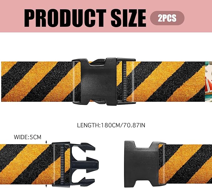 Nuxovilar Luggage Straps of 2 Set Black & Yellow Diagonal Stripes Pattern, 1.96x90.5 inches - Luggage Straps for Suitcases, Fit for Adventure Trips, Outdoor Travel, Daily Commute