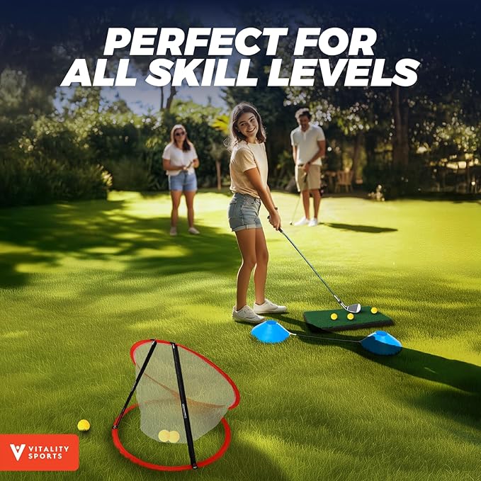 Vitality Sports Golf Chipping Net, 3PCS Pop-Up Golf Practice Net for Backyard, Indoor Outdoor Chipping Game with 3 Targets, 1 Hitting Mat, 20 Balls, Tee Box
