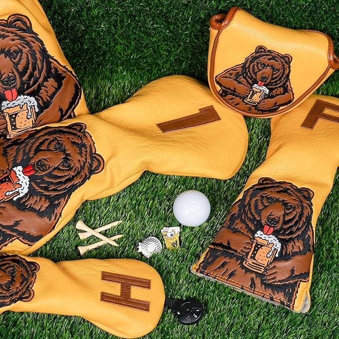 Golf Club Head Cover Golf Head Cover Driver Headcover Fairway Wood Headcover Hybrid Club Head Cover Golf Blade Mallet Putter Cover Beer Bear