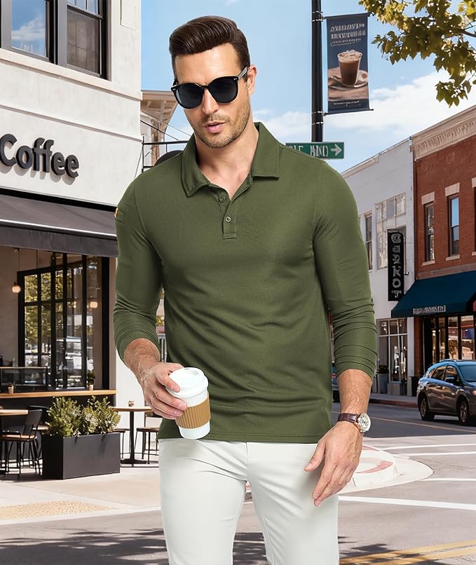 Men's Long Sleeve Polo Shirts 3 Button Down with Pocket Classic Golf Breathable Solid Color Designed Collared Casual Tee