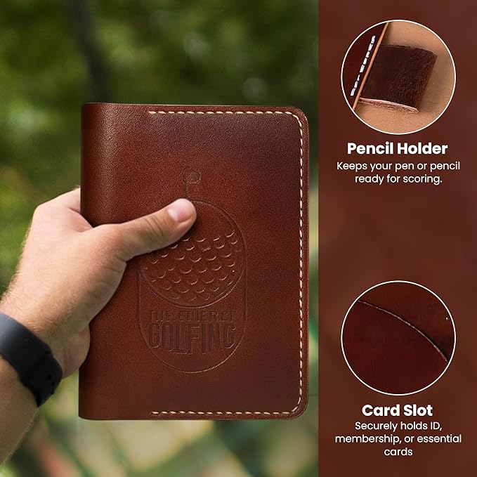 Refillable Golf Scorecard Holder–Full Grain Leather Golf Yardage Book Cover w/Golf Scorecard Book, Pencil Holder & Card Slot–Great Gift for Golfers-Unique Golf Gifts for Men & Women(Pen not included)