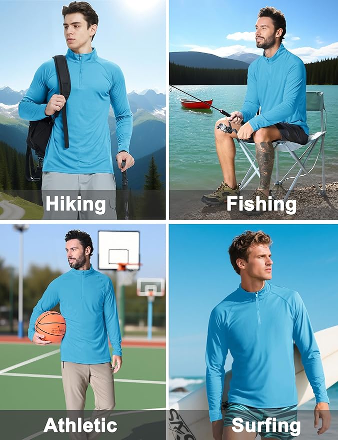 CRYSULLY Men's Long Sleeve 1/4 Zip Shirts Sun Protection Pullover UPF 50+ Rash Guard Running Lightweight T Shirt