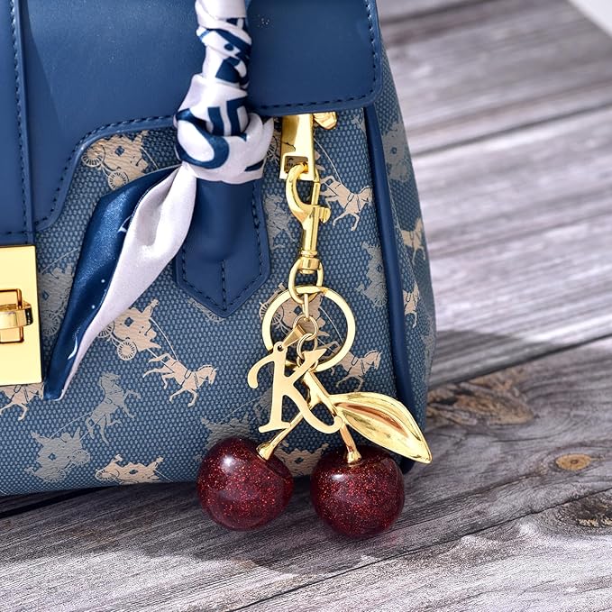 SYNLIN Cherry Keychain with Initial Charm,Personalized Cherry Bag Charm for Women,Alphabet Letter for Luxury Purse Backpack